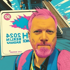 A person with pink hair and a blue jacket

Description automatically generated